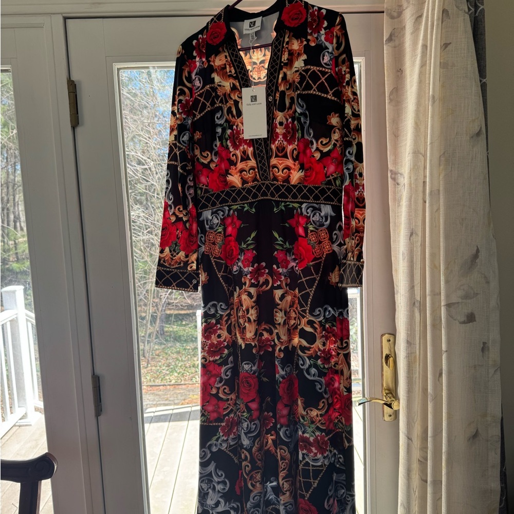 Vicky and Lucas Black Maxi Dress with Red Rose and Gold Baroque Print
